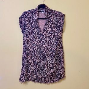 Leopard Print Collared Short Sleeve Raw Hem Tunic Top Size Small